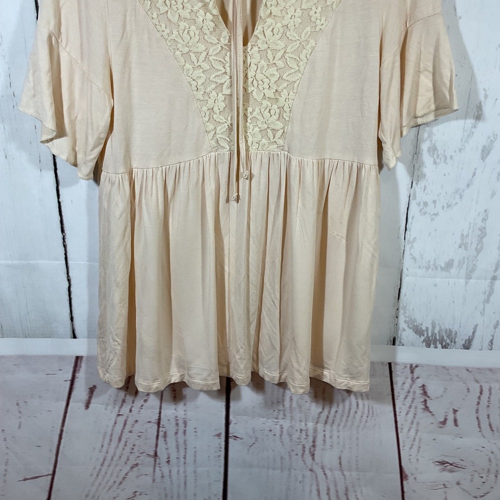 POL Cream Lace Neck Tie Babydoll Tunic Top Women S Boho Romantic Neutral Cottage - Picture 4 of 11